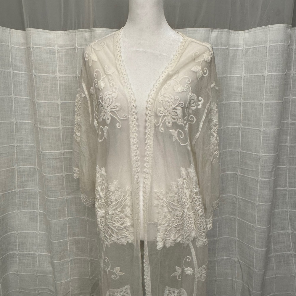 Anthropologie Do Everything In Love Cream Embroidered Sheer Lace Kimono Cardigan - Picture 3 of 7
